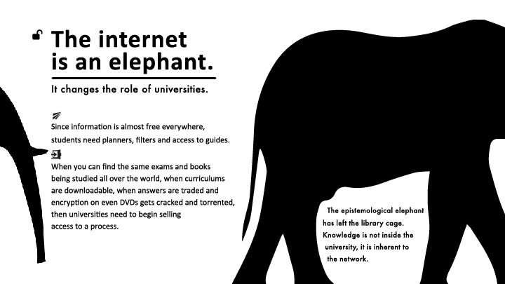Since information is almost free everywhere, students need planners, filters and access to guides. When you can find the same exams and books being studied all over the world, when curriculums are downloadable, when answers are traded and encryption on even DVDs gets cracked and torrented, then universities need to begin selling access to a process. The internet is an elephant. It changes the role of universities. The epistemological elephant has left the library cage. Knowledge is not inside the university, it is inherent to the network.